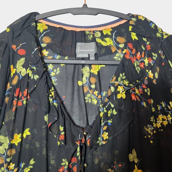 Anthropologie Jamison Floral Ruffles Flowy Tunic Blouse M Romantic Whimsy Goth - Picture 4 of 12